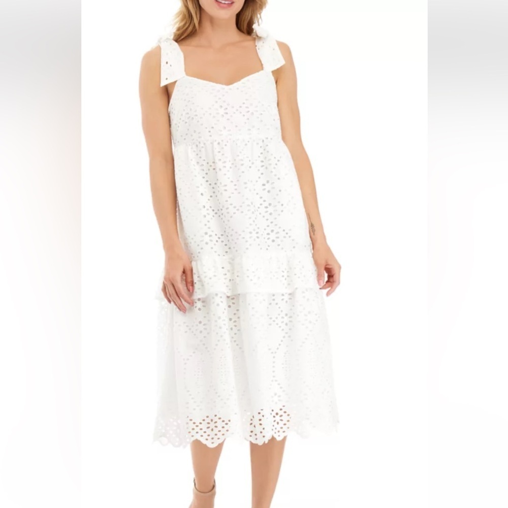 Crown & Ivy White Eyelet Midi Dress Babydoll Ruffle Sz 8 Nwt